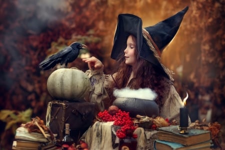 Little witch - hat, childhood, little girl, raven, liubov piatovskaia, copil, pumpkin, child, witch, autumn, halloween