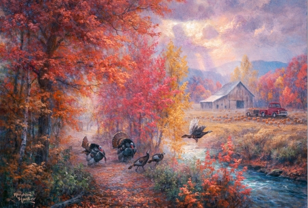 Happy Thanksgiving by Abraham Hunter - river, trees, turkeys, autumn, painting, barn, poultry, artwork