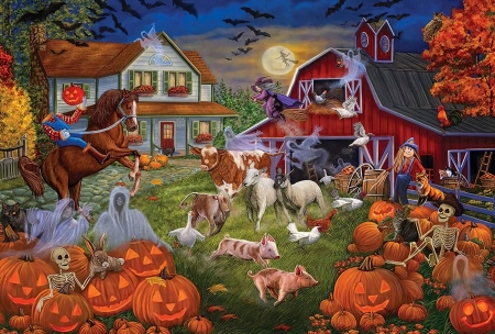 Halloweenies - artwork, autumn, ghosts, house, painting, pumpkins, trees