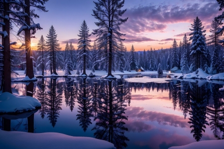 Snowy winter pine forest - egbolt, fagyott to, fak, fenyoerdo, fenyofak, napnyugta, napsugarak, szepseg, szines, tajkep, teli, termeszet, visszaverodes