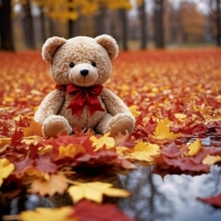 Stuffed toy teddy bear and autumn leaves