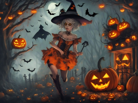 Witches' Night - Halloween - artwork, bats, girl, jack o lantern, painting, pumpkins, tree