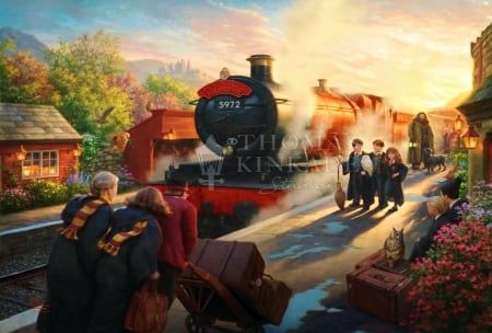 Express To Hogwarts - train, people, harry, painting, artwork, baggage, potter