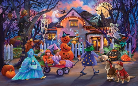 Trick or Treat - jack o lantern, house, spooky, people, painting, artwork, halloween, night