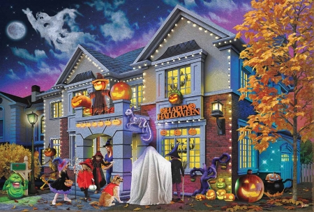 Where's the Halloween Party ? - artwork, ghost, house, painting, pumpkin, tree