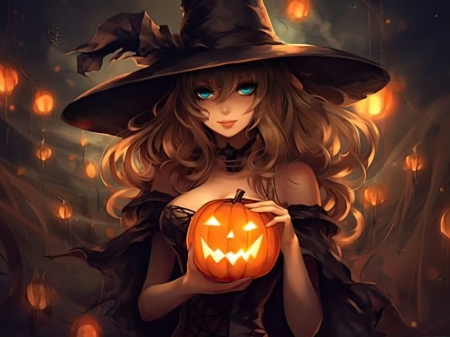 Cute Halloween Witch Holding Pumpkin