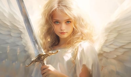 Little Angel Protector - fantasy, white, Angel, wings, Sweetness, sword, dreamy, young