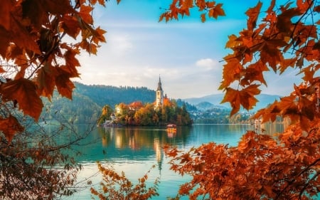 Lake Bled, Slovenia - Slovenia, autumn, island, lake, church, mountains, maple, Bled