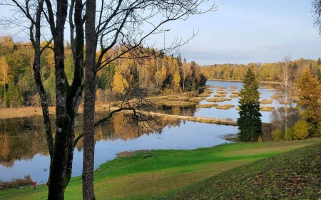 Autumn in Latvia - Latvia, hill, trees, pond, autumn