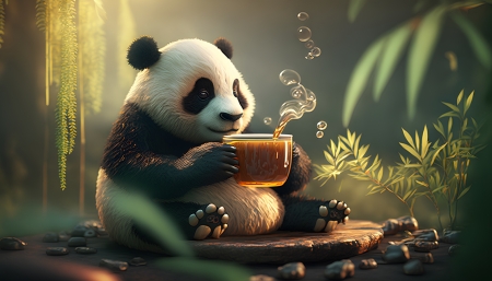 Cute panda with hot tea - animal, chinese, forest, hot, tea