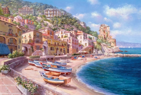 Cetara, Italy - artwork, beach, boats, coast, houses, mediterranean, painting, sea, village