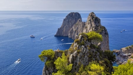 italy coast - boats, sea, trees, rocks