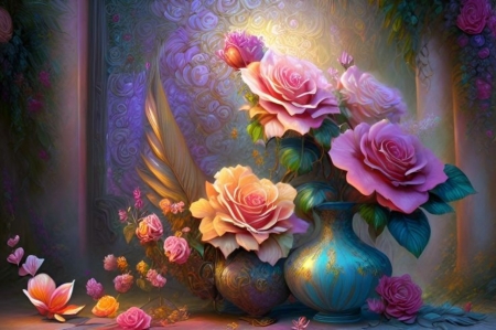 Roses in a vase - Flowers, Pink, Vases, Painting, Blue