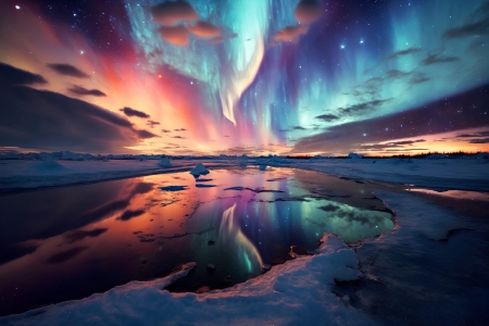 Aurora borealis - cold, lake, night, winter