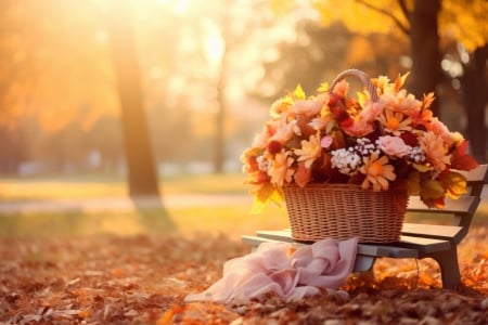 Autumn time - Park, Basket, Flowers, Colorful