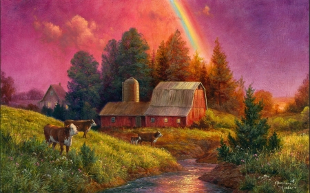 Cattle Country by Abraham Hunter - ainbow, artwork, barn, cows, painting, rainbow, river, sunset, trees