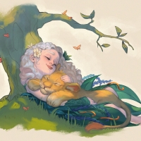 Sleeping little girl with lion cub