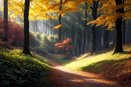 Autumn forest path - erdei osveny, fak, napsugarak, oszi, oszies, sokszinu, szines erdo, szines levelek, termeszet