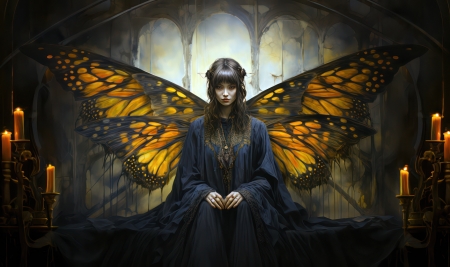 Gothic girl - gotikus, gyertyafeny, lany, pillango, pillango szarnyak, portre