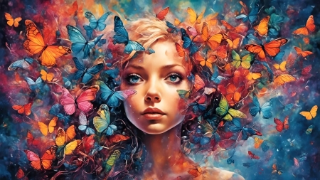 Butterfly Brains - head, digital, butterflies, girl, colors, art