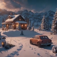 Retro car in winter mountains