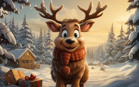 Fairy tale reindeer - renszarvas, ho, teli, havas taj, kunyho, szarvas, ajandek, termeszet, karacsony, december, erdo, havas fenyo, mesebeli szarvas