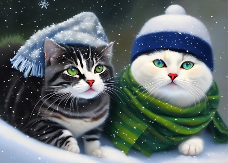 Cats in winter hats - hazi kedvenc, hideg, ho, hopihe, kotott sapka, macska, sal, teli