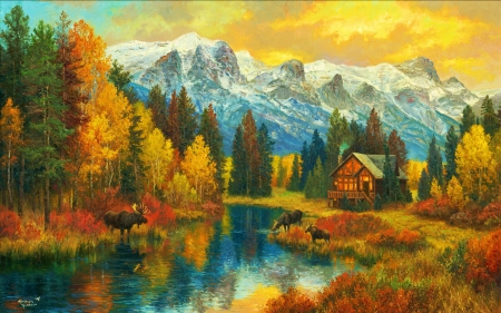 Daydreaming Of The Canadian Rockies by Abraham Hunter - trees, artwork, cabin, colors, river, fall, autumn, painting, deer, mountains