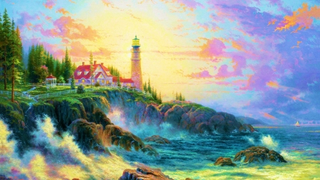 Lighthouse on the shore - cliff, painting, artwork, sea, clouds, cottage, sky