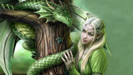 Princess and dragon - anne stokes, fantasy, dragon, green, girl, princess, art