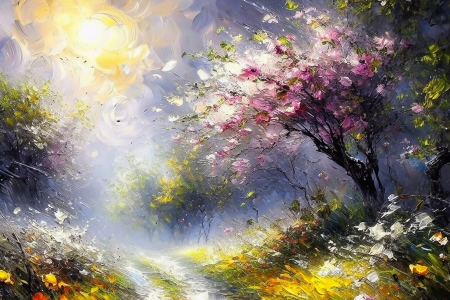 Spring - pictura, sunset, painting, spring, flower, art, pink, tree