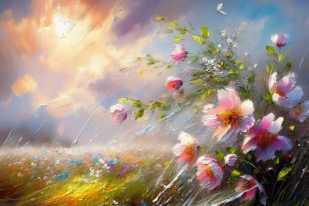 Peonies in the storm - storm, spring, pink, flower, peony, pictura, rain, painting, bujor, art