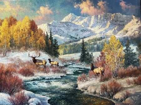 Early Snow by Abraham Hunter - river, trees, painting, artwork, deer, mountains