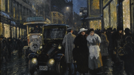 :) - winter, people, city, night, dark, street, pictura, retro, car, vintage, painting, woman, iarna, paul gustav fischer, art