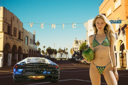 Fefe of bikini holding the coconut and a Lamborghini Huracan in Venice Beach
