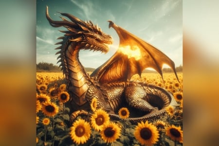 Gold dragon - gold, sunflowers, fantasy, dragon