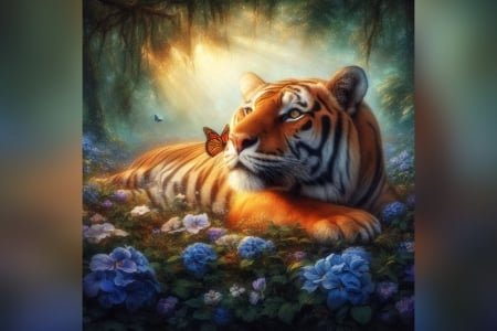 Tiger and butterfly - butterfly, flowers, Tiger, world