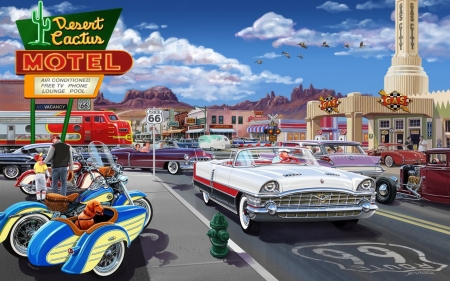 Route 66 - artwork, cars, city, clouds, houses, painting, sky, street, train