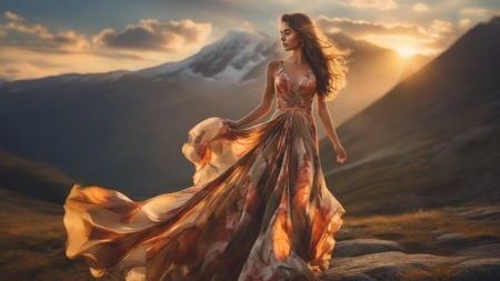 ❦ - Girl, Sunset, Fantasy, Mountain, Painting