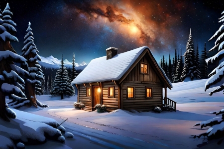 Wooden house in winter forest