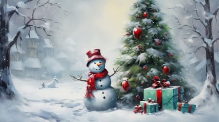 Christmas tree and snowman - hideg, evad, karacsony, hazak, teli, termeszet, fagyos, kod, sal, kalap, fak, hoember, hoeses, ajandekok, ho, december, fagy, unnep, dekoracio