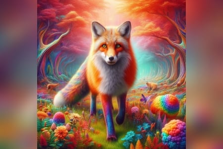 Fox in rainbow forest - colorful, candyland, rainbow, Fox