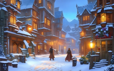 Winter in Old Town - lights, snow, street, town, winter