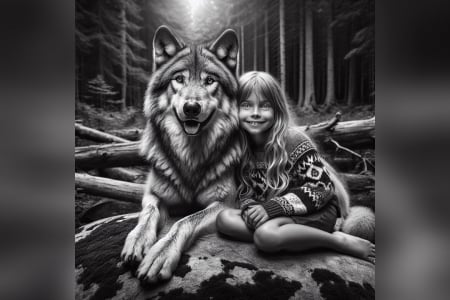 Friends - dog, kid, blackandwhite, Wolf