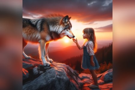 Guardian - girl, kid, animal, Wolf