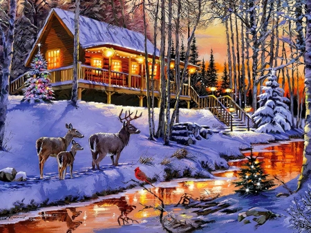 Cabin Lights - artwork, deer, painting, river, snow, trees, winter