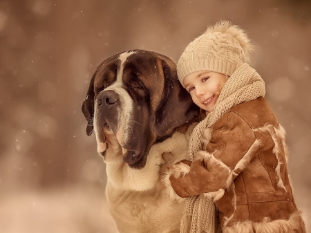 :) - hat, elena mikhailova, childhood, winter, saint bernard, little gurl, brown, dog, copil, child, iarna