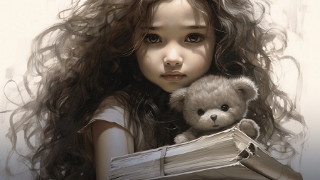 Little girl - childhood, little girl, copil, toy, child, neuroset, teddy bear, face, art