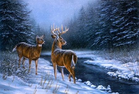 Deers - winter, snow, forest, river, animal, pictura, deer, painting, iarna, art