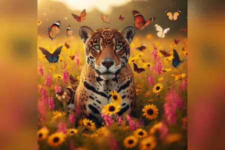 Jaguar in flowers - bigcat, flowers, spots, Jaguar